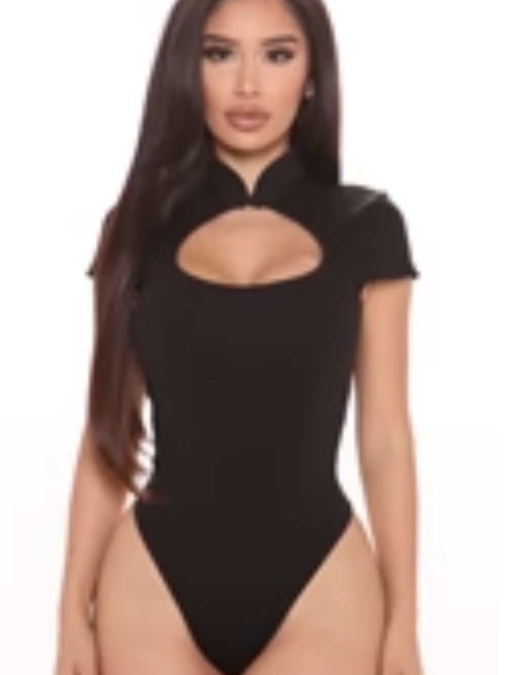 Fashion Nova Black Short Sleeve Cutout Mandarin Collar Bodysuit